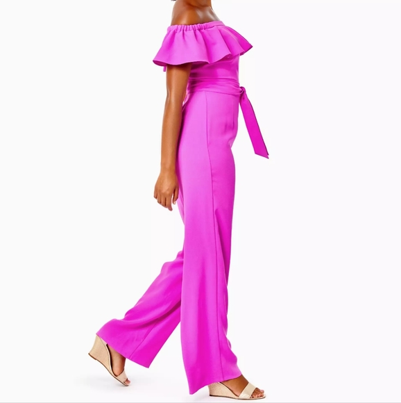 Lilly Pulitzer Pink Fuchsia Purple Jood Off the Shoulder Jumpsuit Lilly Pulitzer - Picture 3 of 6